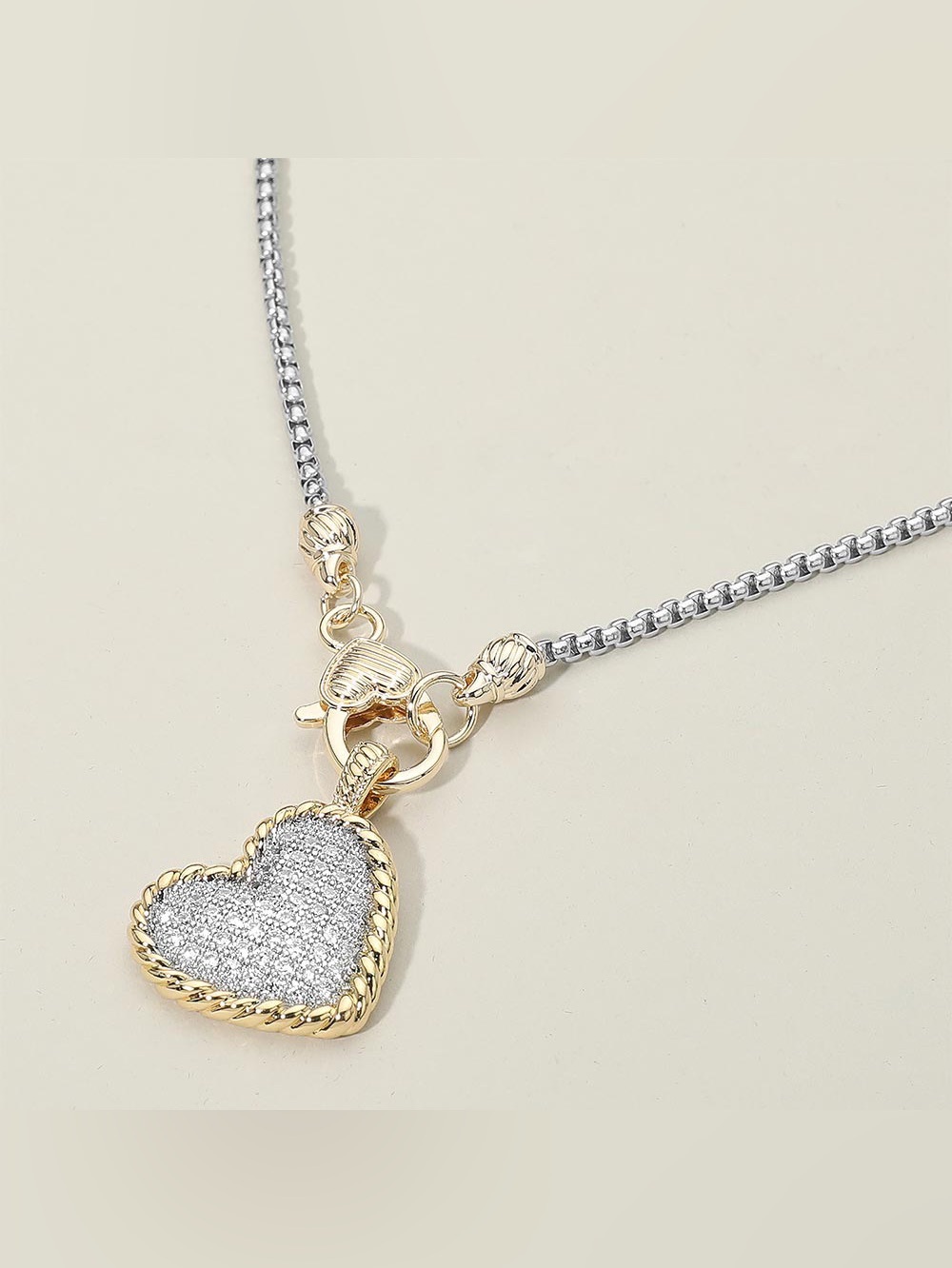 14K Gold Plated Two Tone CZ Stone Paved Heart Pendant Necklace